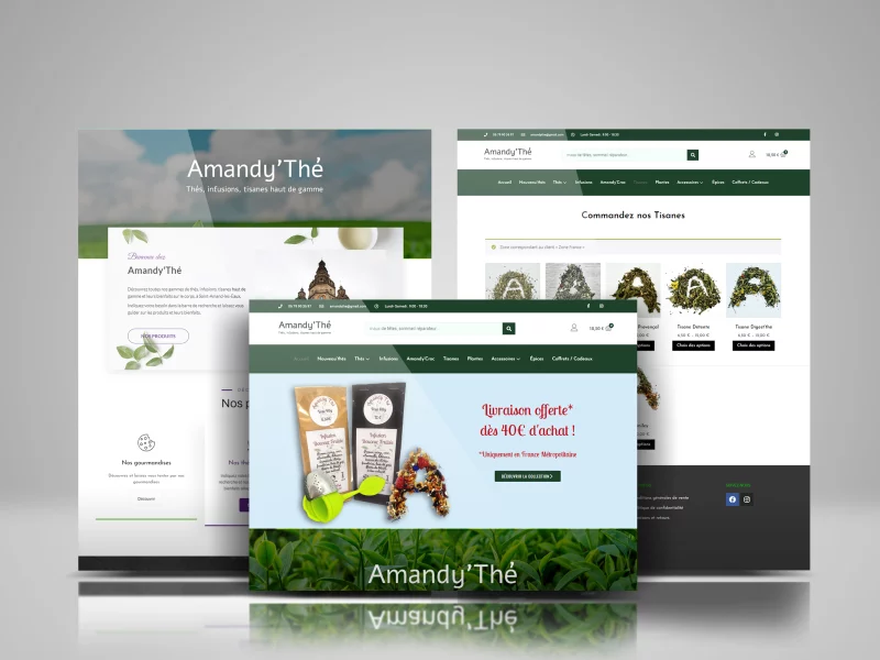 Capture d'écran d'Amandy'thé, l'e-commerce gourmand de thés et infusions, conçu par Boost Digital. Palette de tons verts apaisants pour une expérience visuelle moderne.