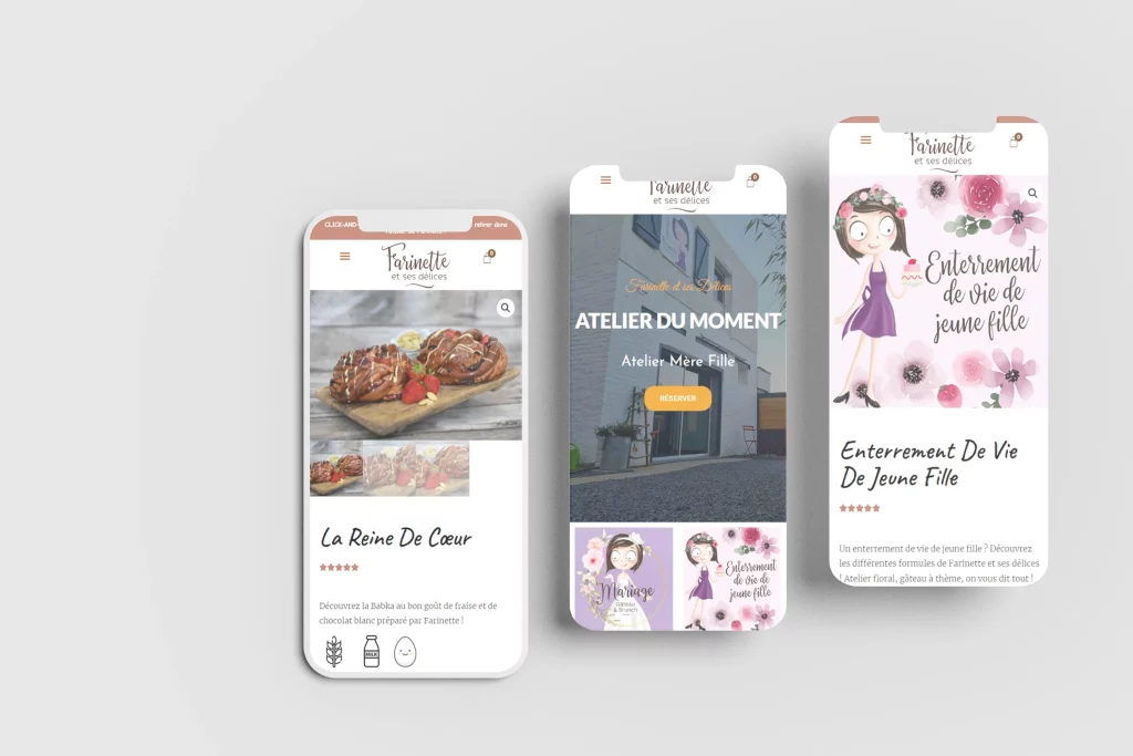 Capture d'écran du site internet responsive gourmand de Farinette et ses Délices, vue sur un smartphone ,conçu par Boost Digital