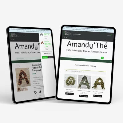 Capture d'écran d'Amandy'thé, l'e-commerce gourmand de thés et infusions, conçu par Boost Digital. Palette de tons verts apaisants pour une expérience visuelle moderne. vue tablette